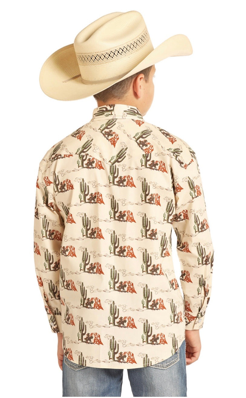 DALE BRISBY BOYS' TAN CACTUS PRINT LONG SLEEVE WESTERN SHIRT (B8S8102)