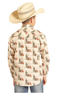DALE BRISBY BOYS' TAN CACTUS PRINT LONG SLEEVE WESTERN SHIRT (B8S8102)