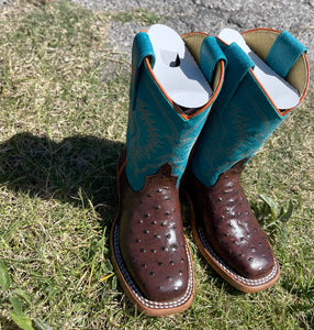 Anderson Bean Kids Turquoise & Chocolate Ostrich Print Boots | ABK7083