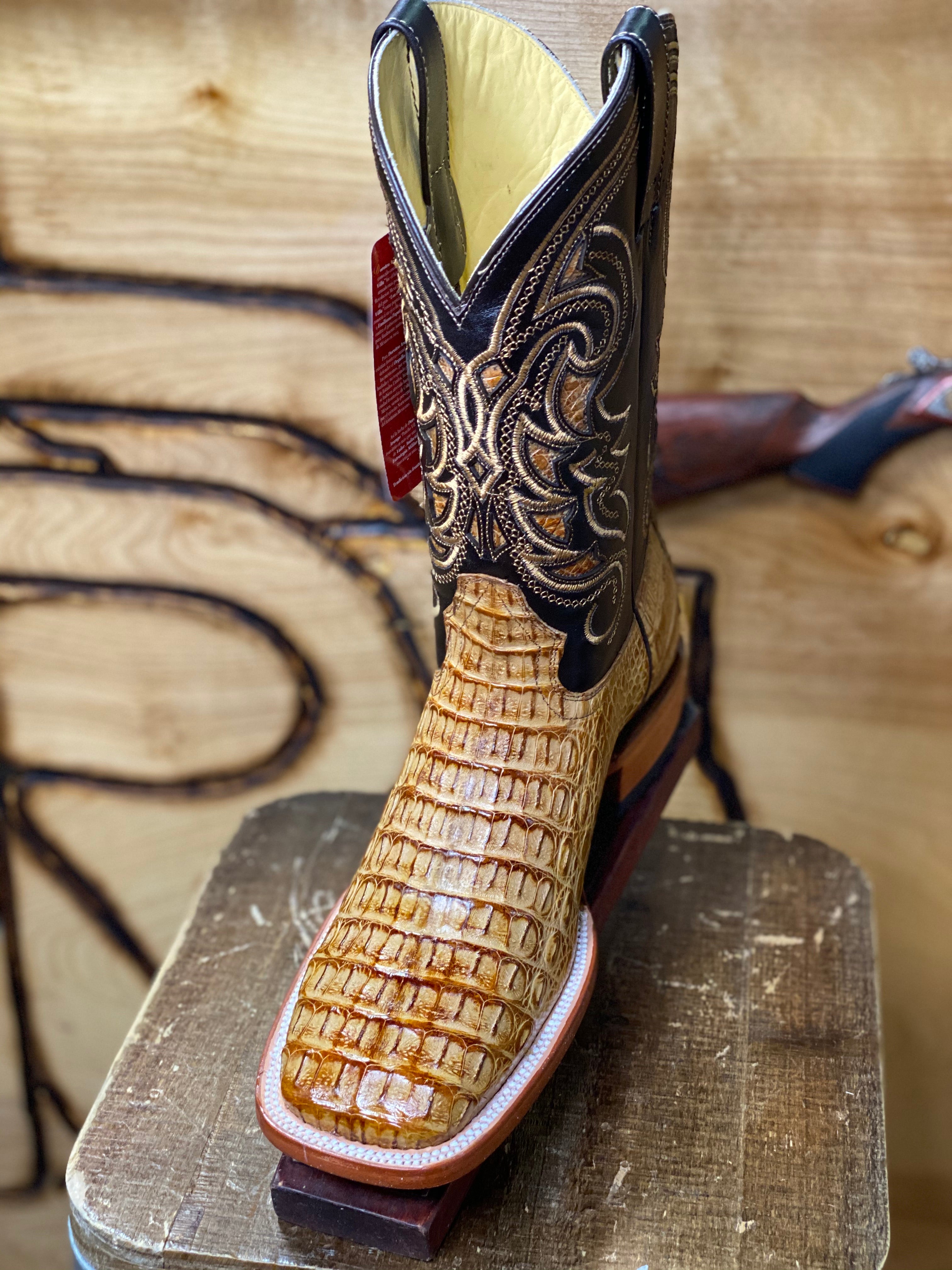 BR BOOTS : CAIMAN HORNBACK TAN SQUARE TOE BOOTS