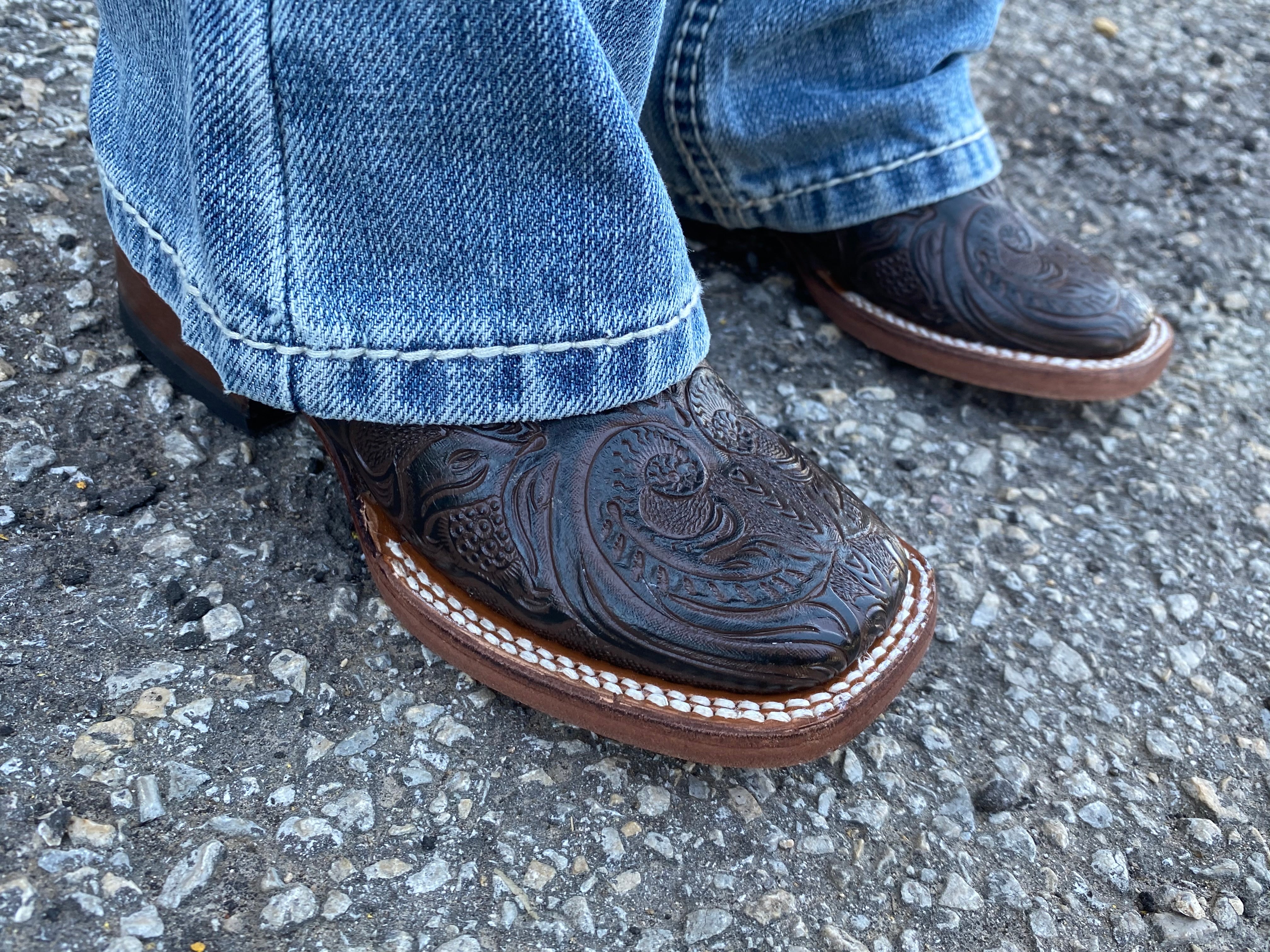KIDS TOOLED LEATHER BOOTS | CHOCOLATE SQUARE TOE