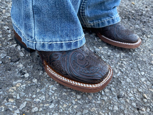 KIDS TOOLED LEATHER BOOTS | CHOCOLATE SQUARE TOE