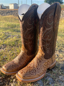 Tan Tooled Leather | WOMEN WESTERN SQUARE TOE BOOTS