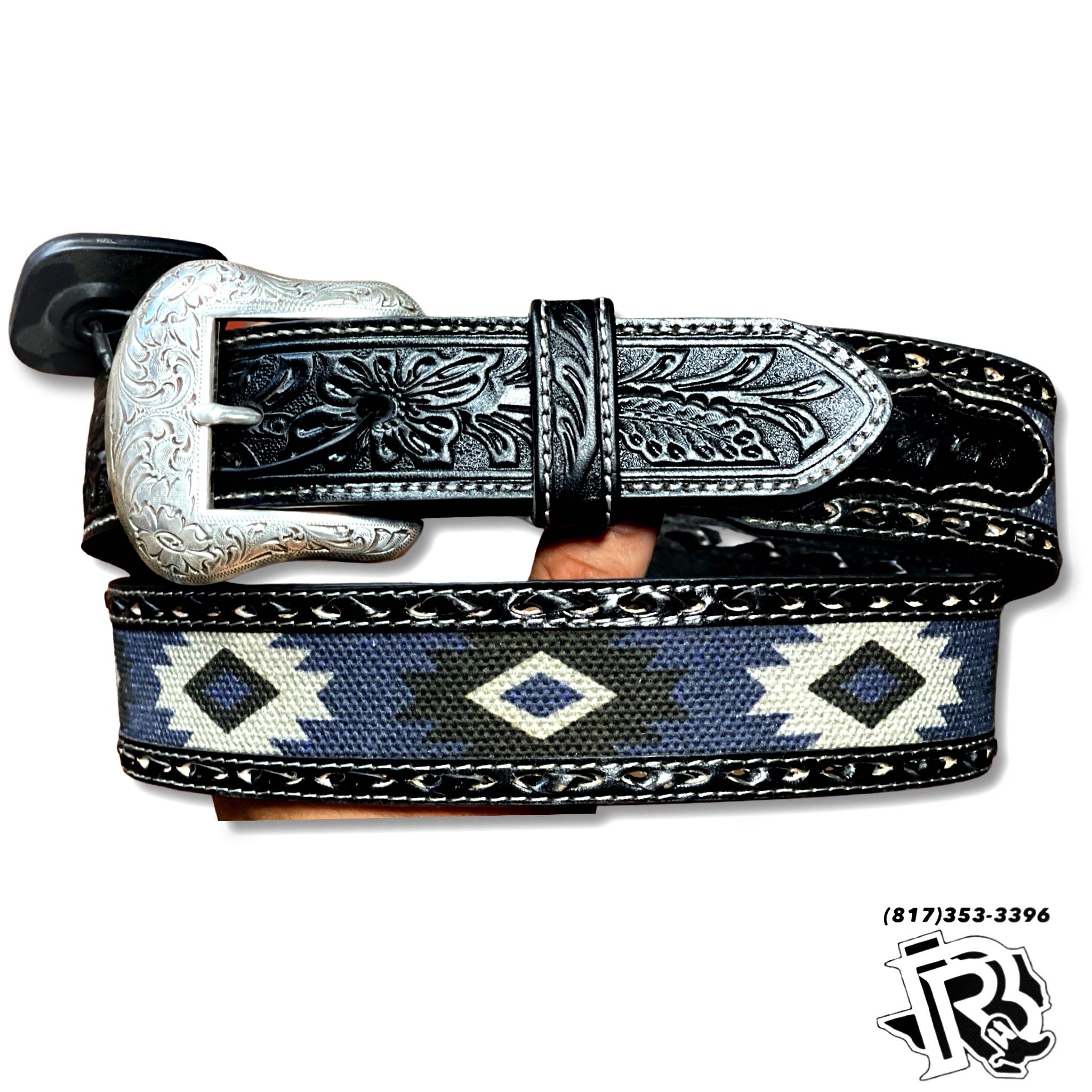 “ BLUE AZTEC “  | MEN WESTERN COWBOY BELT SOUTHWESTERN FABRIC BUCK STITCH N210002706