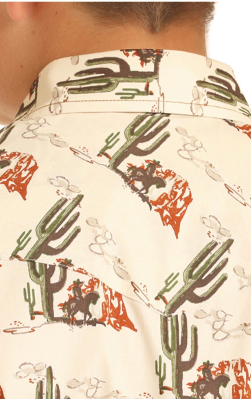 DALE BRISBY BOYS' TAN CACTUS PRINT LONG SLEEVE WESTERN SHIRT (B8S8102)