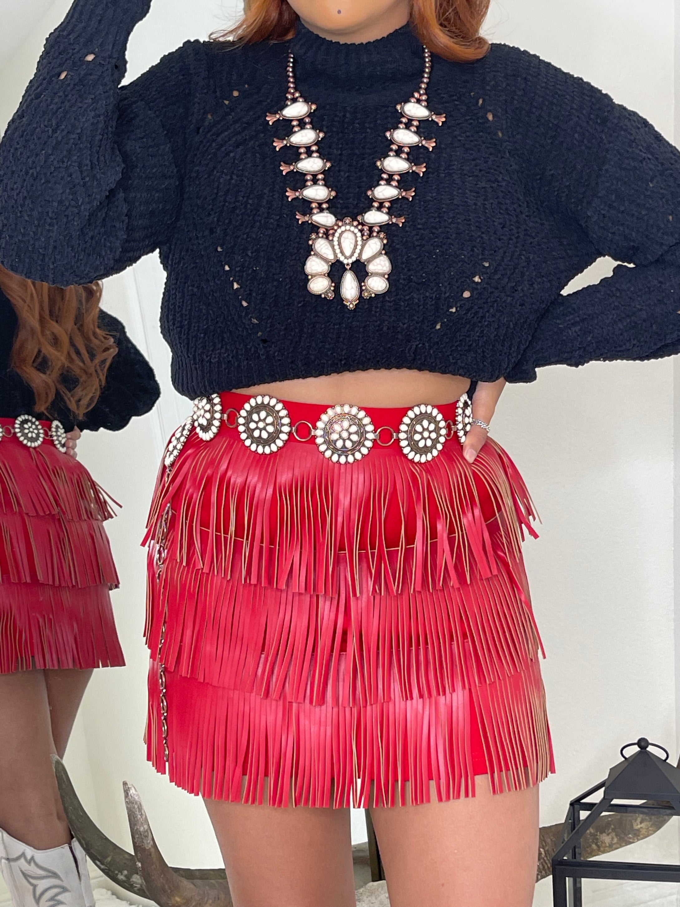 LAURA FAUX LEATHER FRINGE SKIRT RED