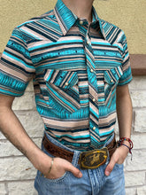 Load image into Gallery viewer, Mens short sleeve Aztec stripe woven snap teal rock &amp; roll |RRMS1SR0PZ