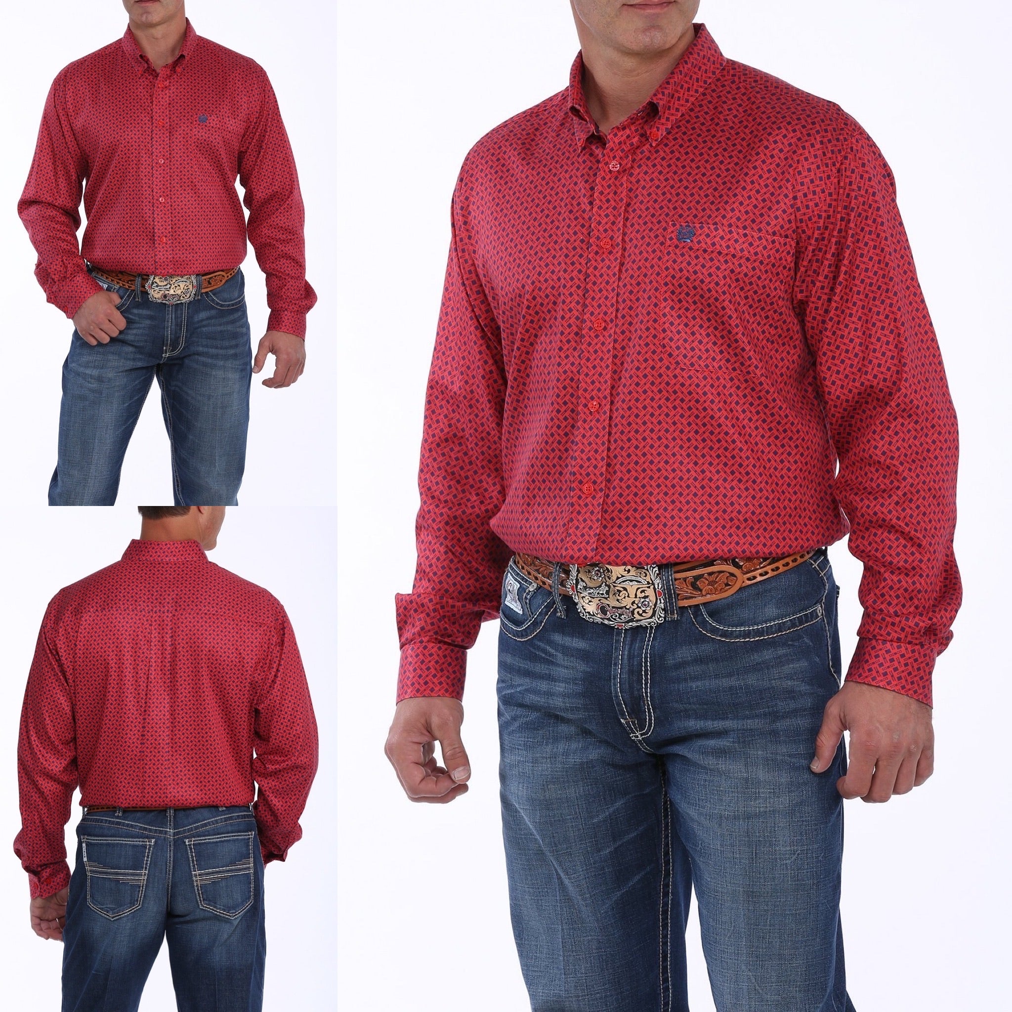 MENS RED AND NAVY GEOMETRIC PRINT BUTTON-DOWN WESTERN SHIRT MTW1104887