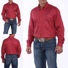 Load image into Gallery viewer, MENS RED AND NAVY GEOMETRIC PRINT BUTTON-DOWN WESTERN SHIRT MTW1104887