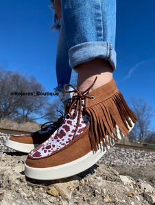 COW PRINT SHOES FRINGE