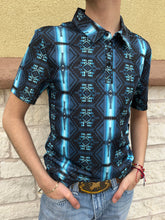 Load image into Gallery viewer, Mens printed polo bright turquoise rock &amp; roll | RRMT51R11O
