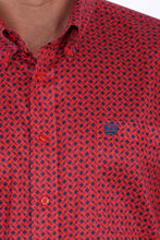 Load image into Gallery viewer, MENS RED AND NAVY GEOMETRIC PRINT BUTTON-DOWN WESTERN SHIRT MTW1104887