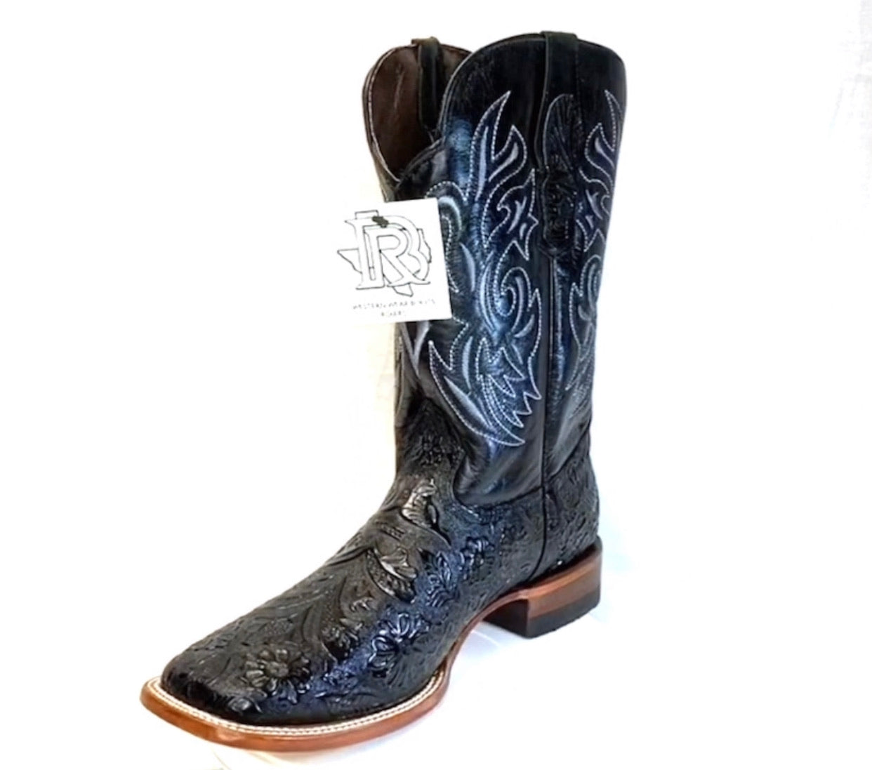 TOOLED LEATHER BLACK PRINT | MEN SQUARE TOE WESTERN COWBOY BOOT