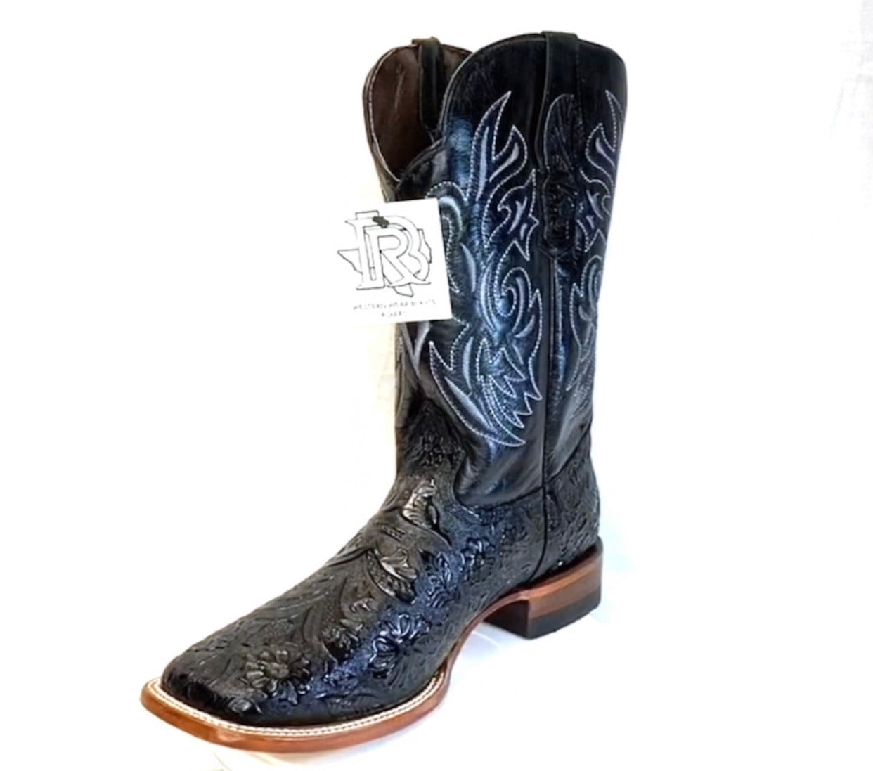 TOOLED LEATHER BLACK PRINT | MEN SQUARE TOE WESTERN COWBOY BOOTS