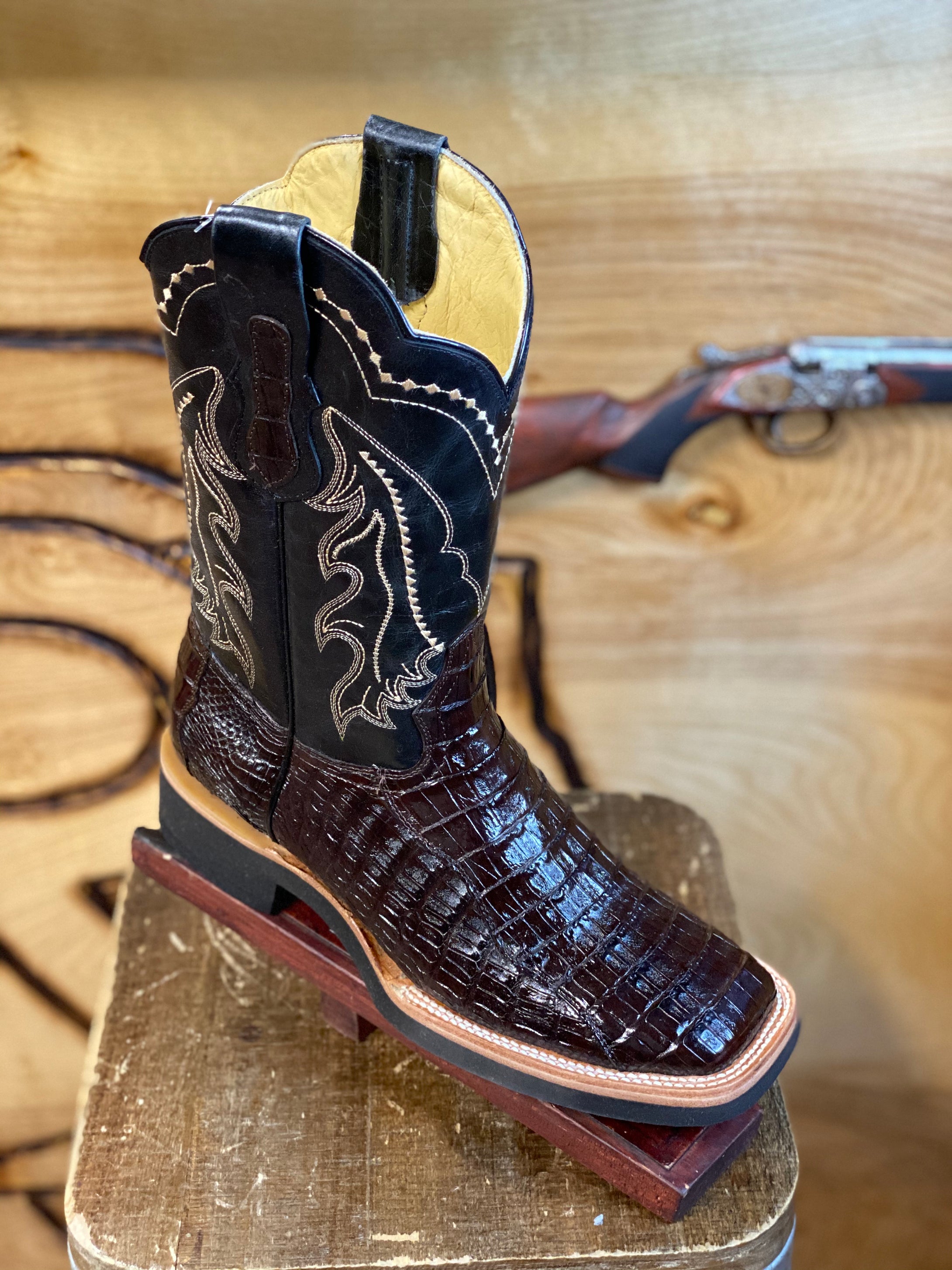 BR BOOTS : SQUARE TOE CAIMAN BELLY PU TABACO