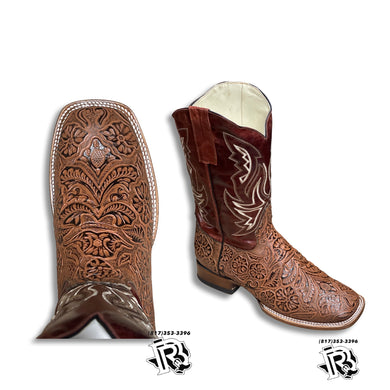 “ Leo “ | Mens Square Toe Western Boots Cognac Tooled Leather