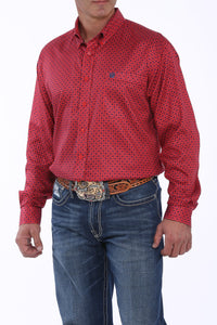 MENS RED AND NAVY GEOMETRIC PRINT BUTTON-DOWN WESTERN SHIRT MTW1104887