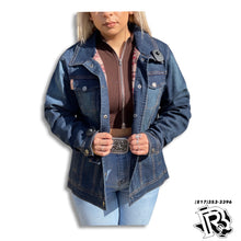 Load image into Gallery viewer, “ Gianna “ | WOMEN CINCH JACKET DENIM DARK WASH WITH AZTEC PRINT MAJ9878004