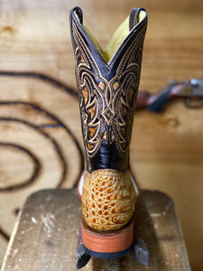 BR BOOTS : CAIMAN HORNBACK TAN SQUARE TOE BOOTS