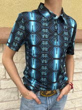 Load image into Gallery viewer, Mens printed polo bright turquoise rock &amp; roll | RRMT51R11O