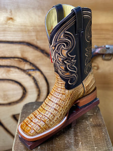 BR BOOTS : CAIMAN HORNBACK TAN SQUARE TOE BOOTS