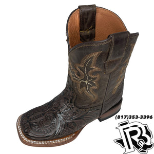 KIDS TOOLED LEATHER BOOTS | CHOCOLATE SQUARE TOE
