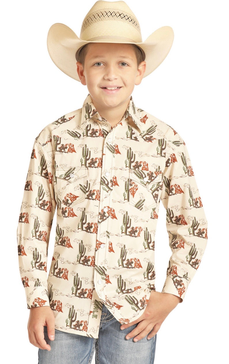 DALE BRISBY BOYS' TAN CACTUS PRINT LONG SLEEVE WESTERN SHIRT (B8S8102)