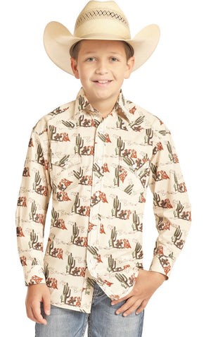DALE BRISBY BOYS' TAN CACTUS PRINT LONG SLEEVE WESTERN SHIRT (B8S8102)